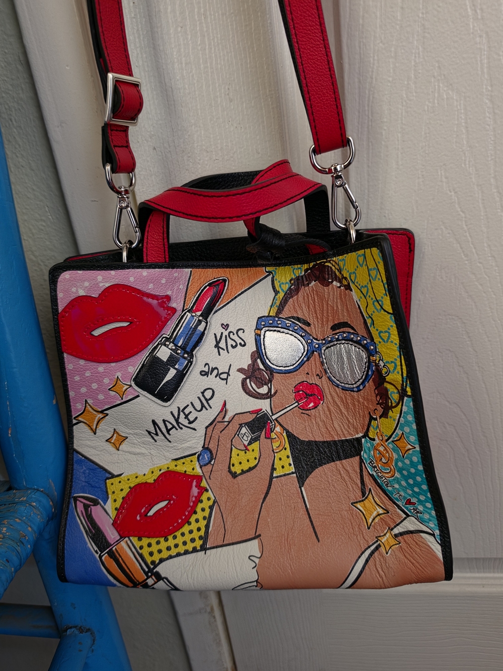 Brighton Red Pop-Art Cosmetic Shoulder Bag with Multicolor Graphic